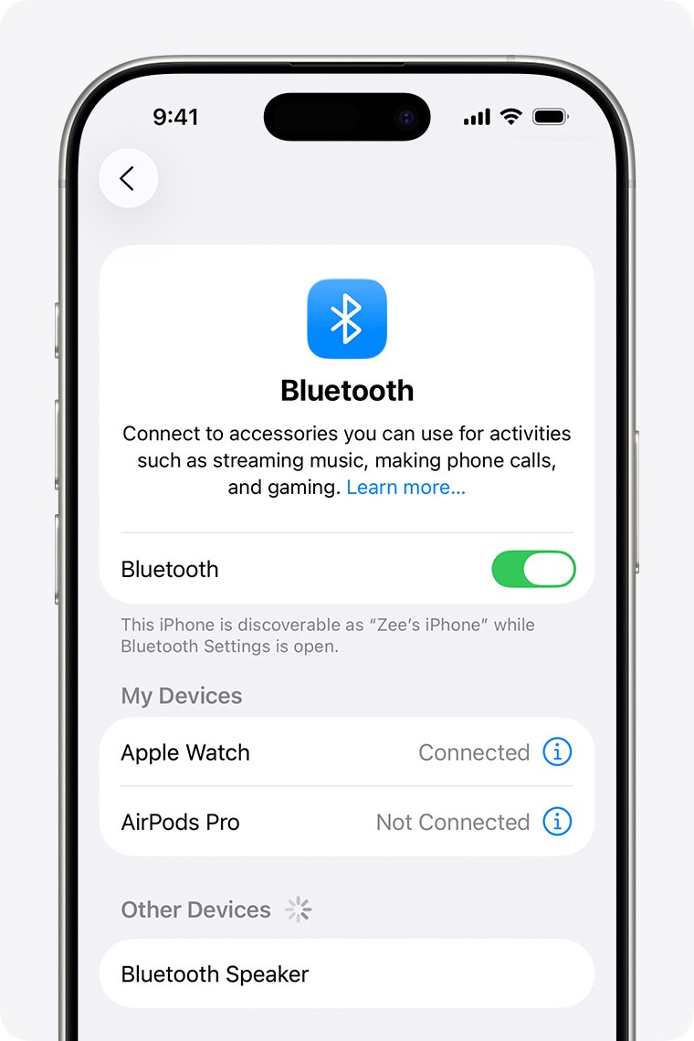 iPhone Bluetooth settings with the Bluetooth switch turned on