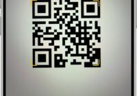 iPhone Camera app framing a QR code with a yellow link banner below it