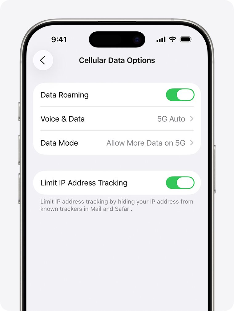 iPhone Cellular Data Options screen with Voice & Data set to 5G Auto