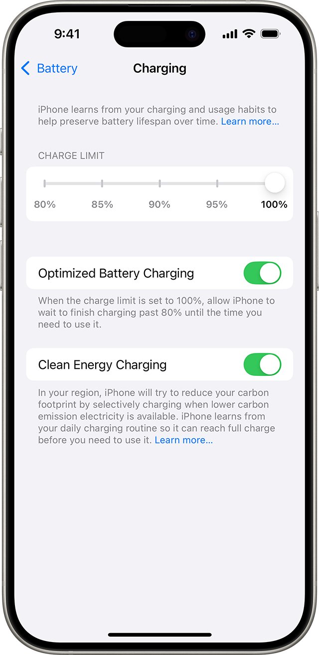 iPhone Charging settings with the Charge Limit slider and Optimized Battery Charging
