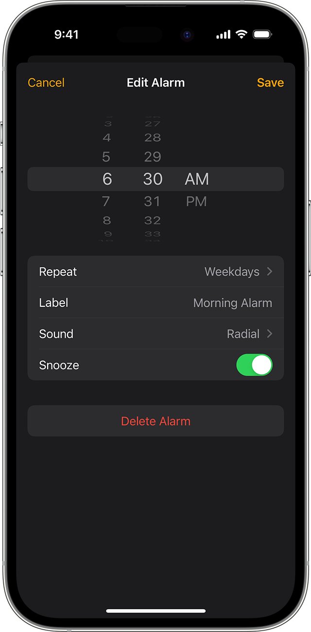 iPhone Clock Edit Alarm screen with Delete Alarm at the bottom