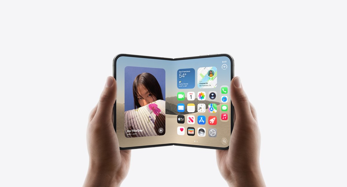 iPhone Duo held open in landscape showing its folding inner display