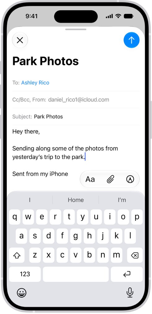 iPhone Mail draft with the attachment button above the keyboard