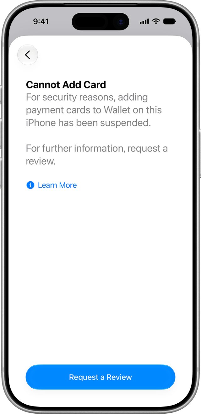 iPhone Wallet Cannot Add Card message with a Request a Review button