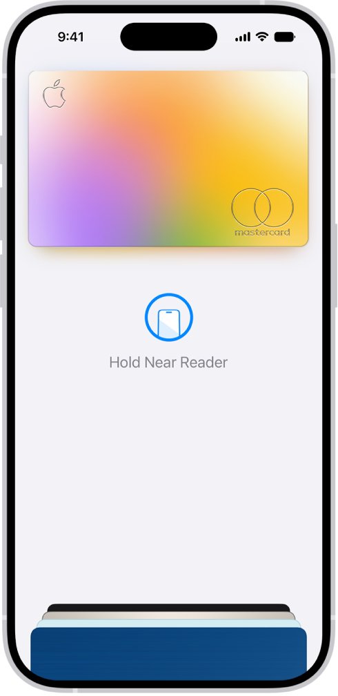 iPhone Wallet showing a card ready to pay with Hold Near Reader