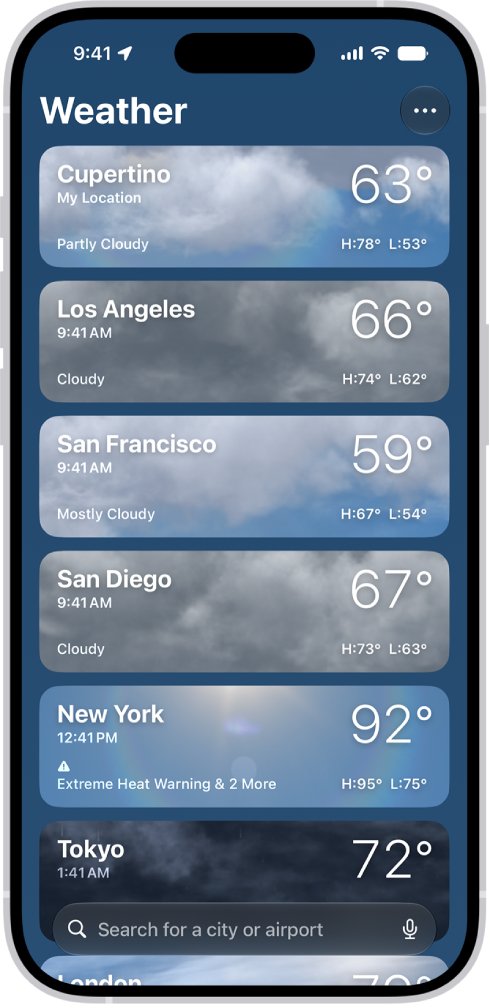 iPhone Weather location list with search field for a city or airport