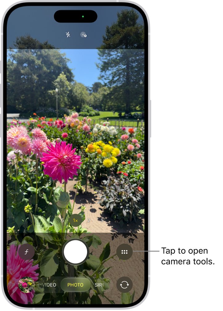 iPhone camera default check with Photo mode and 1x zoom selected