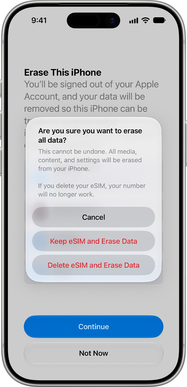 iPhone factory reset eSIM choice with Keep eSIM and Delete eSIM options