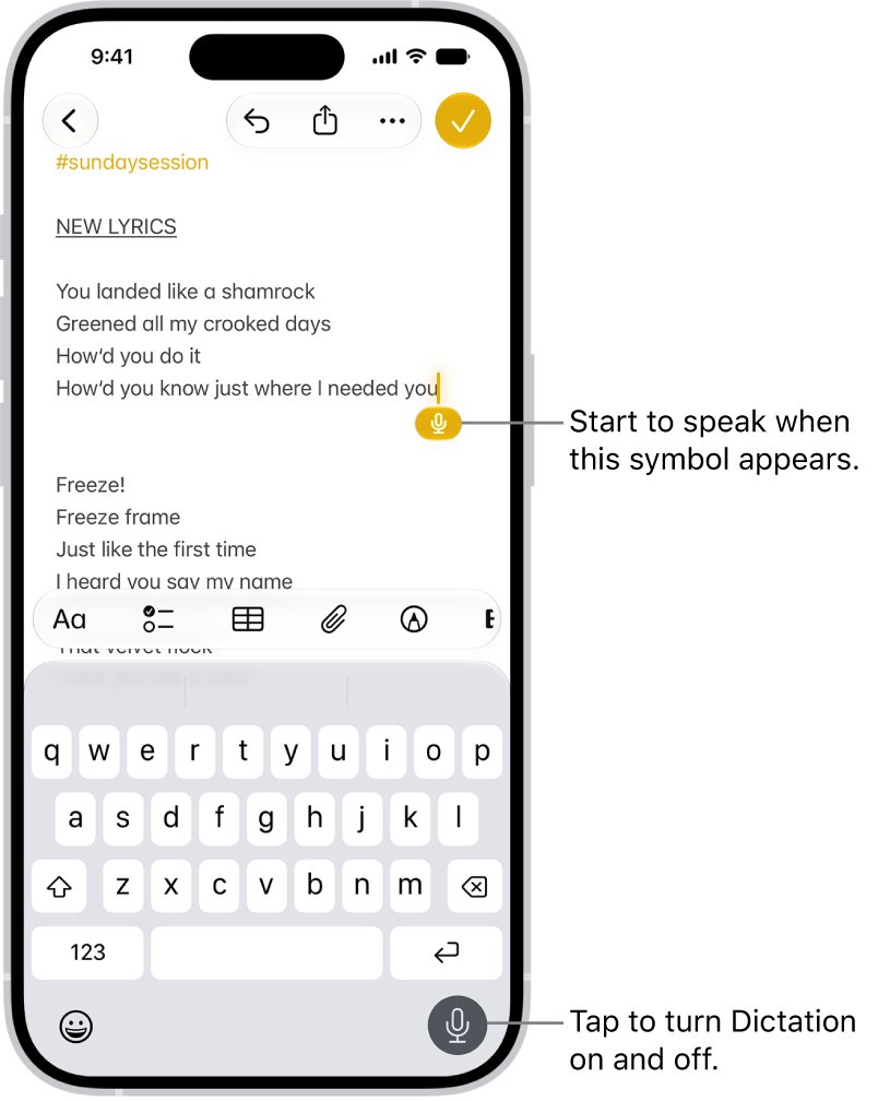 iPhone keyboard with the Dictation microphone key and cursor microphone symbol