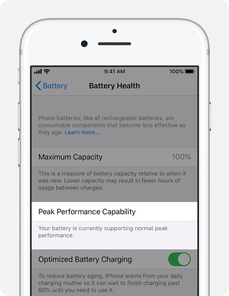iPhone slow after update: Battery Health screen with Peak Performance Capability