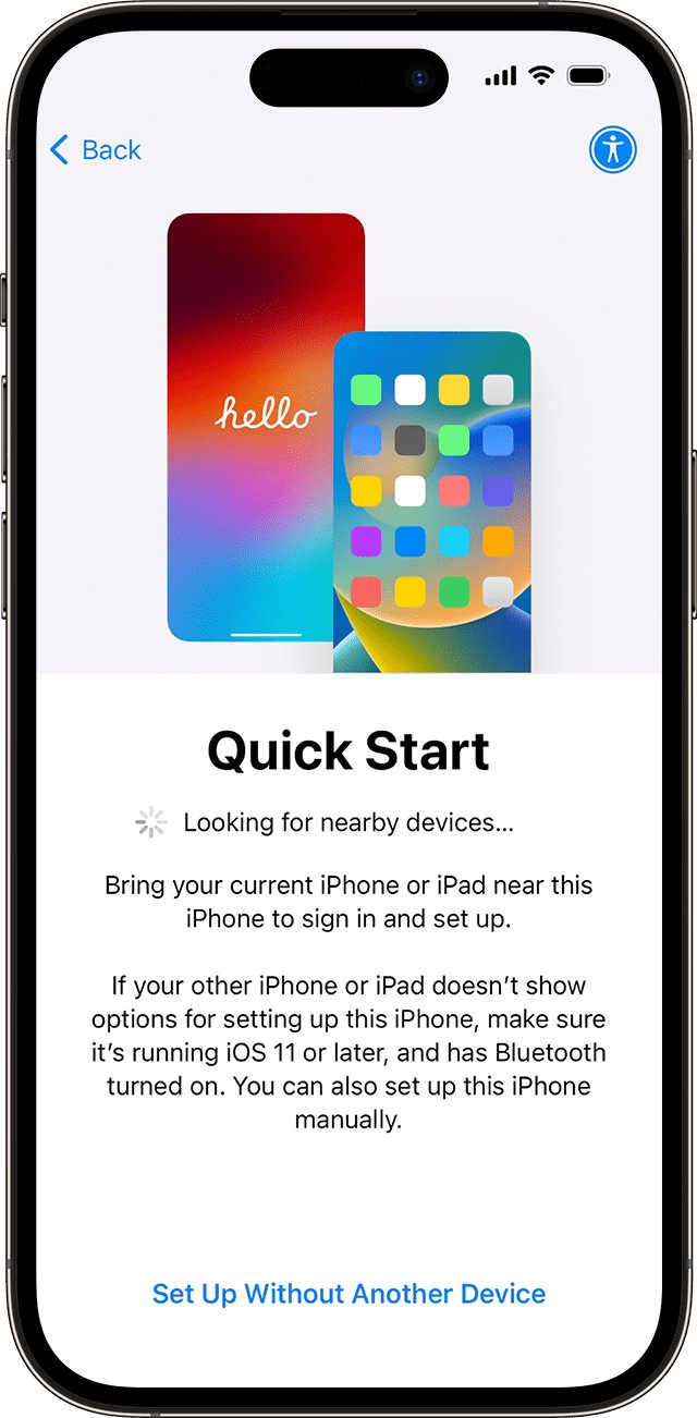 iPhone stuck on Quick Start screen looking for nearby devices during setup