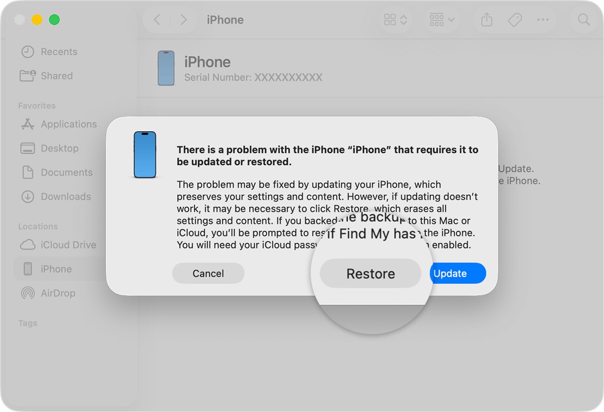iPhone won't reset: Finder recovery mode prompt with Restore and Update