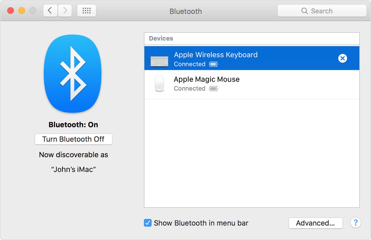 macOS Bluetooth settings listing a connected Apple Wireless Keyboard with battery level