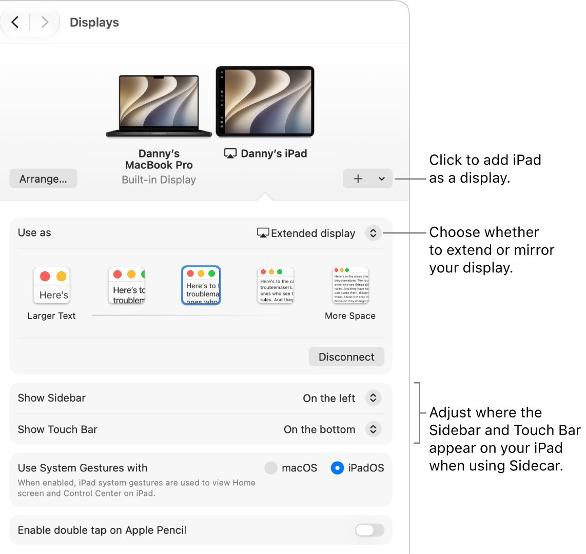macOS Displays settings with an iPad added as an extended display