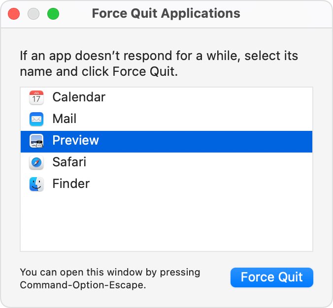 macOS Force Quit Applications window listing open apps with Force Quit button