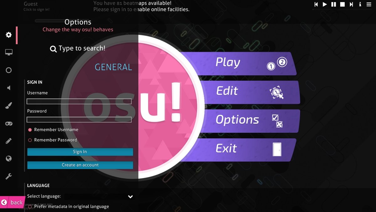 osu! options sidebar open over the main menu with a search box