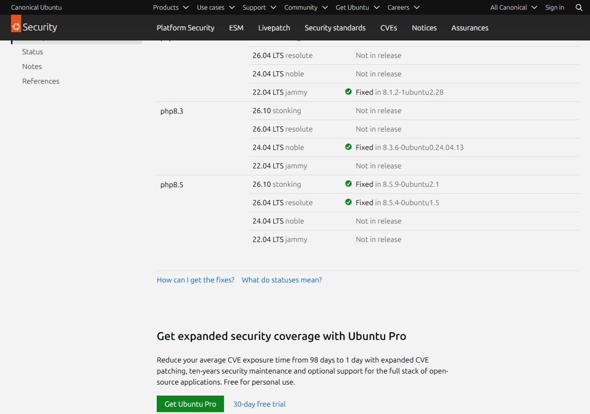 php8.1 jammy CVE-2026-109618 status showing Fixed for Ubuntu 22.04