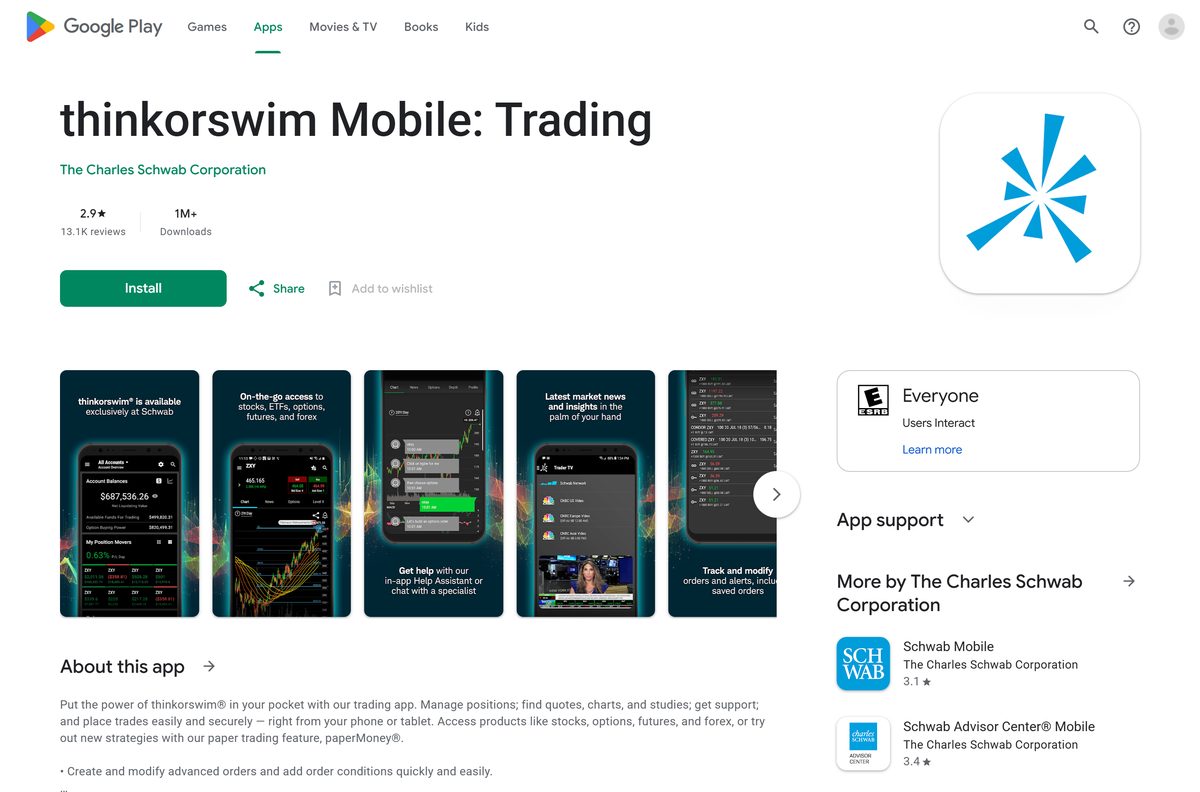Google Play listing for thinkorswim Mobile by The Charles Schwab Corporation