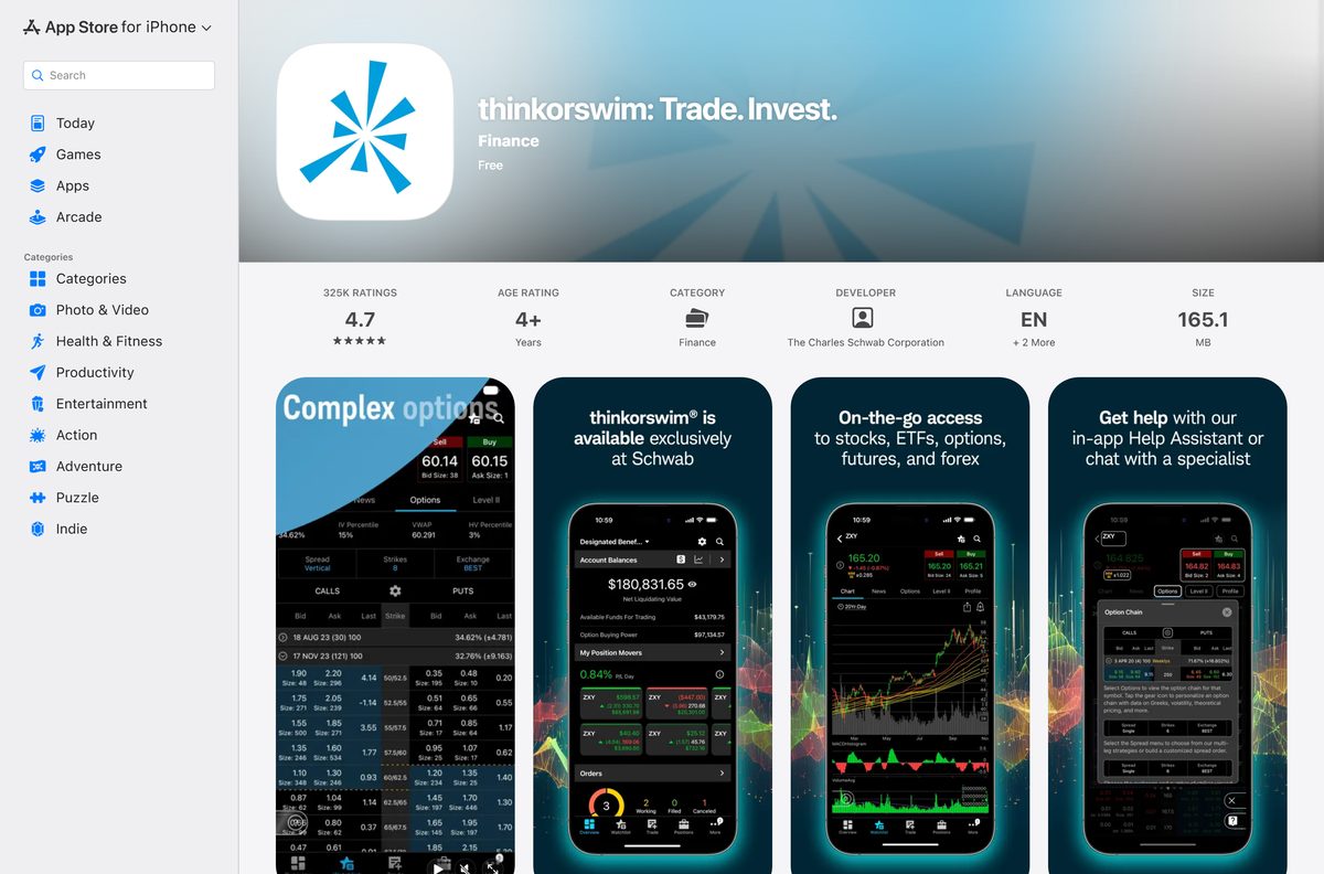 App Store listing for the thinkorswim mobile app from Charles Schwab