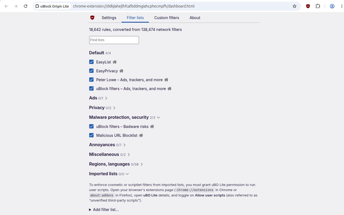 uBlock Origin Lite dashboard open on the Filter lists tab in Chrome