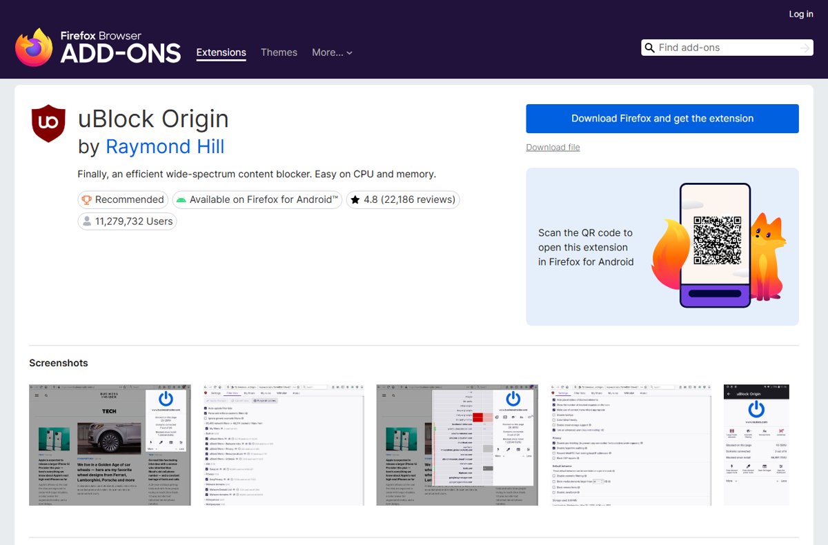uBlock Origin by Raymond Hill listing on the Firefox Browser Add-ons site
