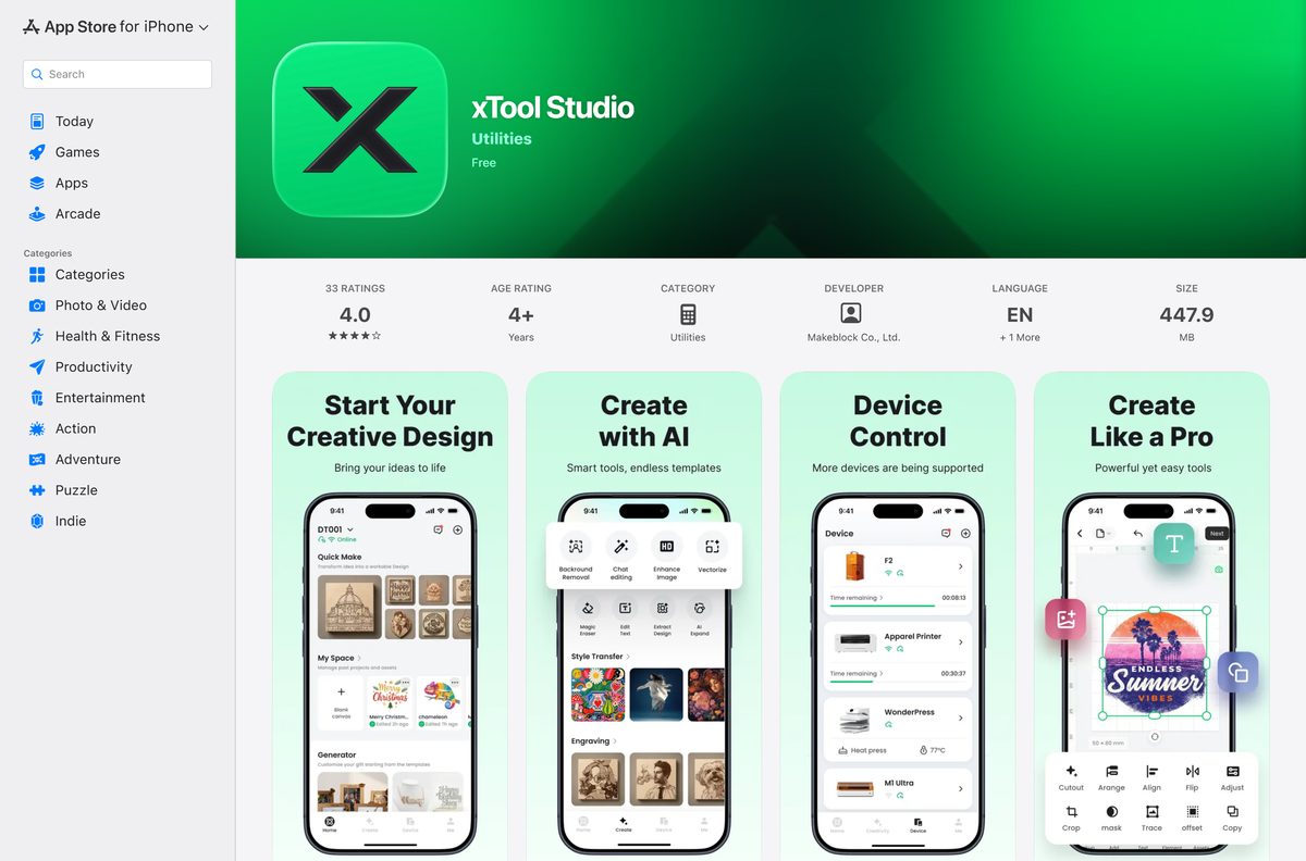 App Store listing for xTool Studio with its rating and size