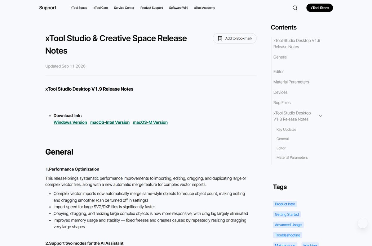 xTool Studio release notes listing new desktop features