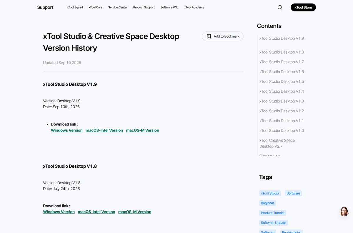 xTool Studio version history with Windows and macOS links